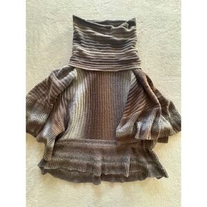 Dor Dor Couture Brown Grey Ombre Ribbed Cowl Neck Ruffle Hem Poncho Sweater M